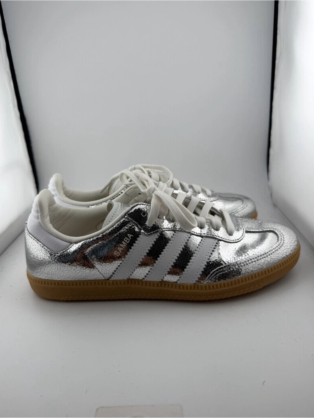 adidas Samba Metallic Silver Leather Sneakers with Gum Sole